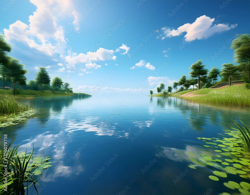 Poster a serene landscape featuring a calm lake surrounded by lush greenery and trees under a bright blue s