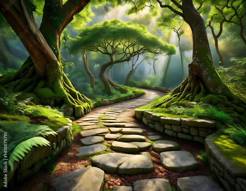 Poster Lush forest pathway lined with stone, surrounded by vibrant trees and soft sunlight filtering through the leaves