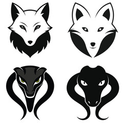 Animal Icons: A minimalist composition showcasing stylized depictions of a fox and snake, captured in a striking black and white color palette, perfect for a variety of applications.