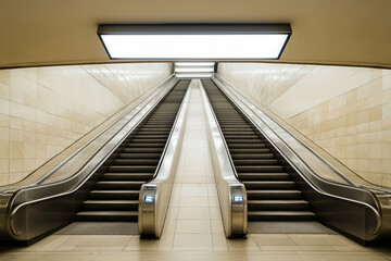 Fototapeta premium Blank White Screen in the Center of an Empty Subway Station with Staircases and Escalators on Both Sides