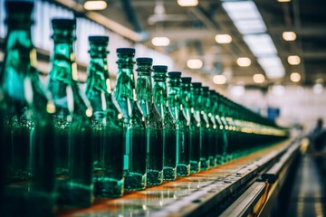 line of plastic bottles on a assembly line