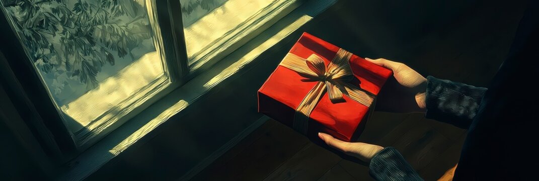 Mysterious Red Gift Box by Window in Winter Sunlight