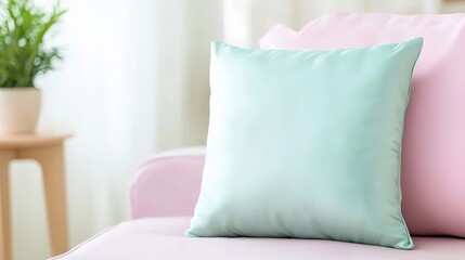 A luxurious silk pillow on a plush bed, soft pastel tones,