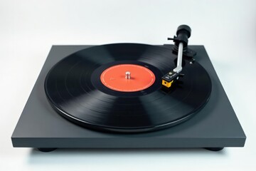 Turntable vinyl record spinning on white backdrop , scratching, retro