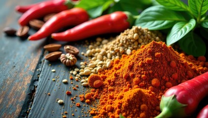Various dried herbs and spices, vibrant colors , thyme, cardamom, healthy