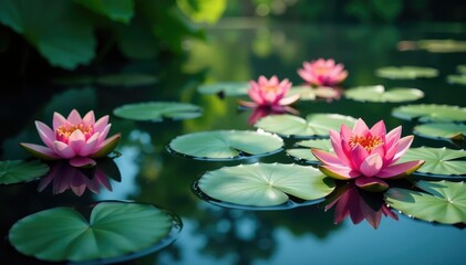 Water lilies creating a floral pattern across still lake, water lilies, summer
