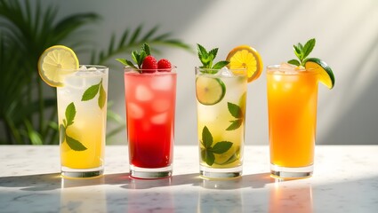 Refreshing Assortment of Colorful Summer Drinks on Stone Countertop