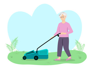 Senior woman mows lawn with  lawnmower