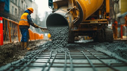 Concrete pouring operation on a city street.