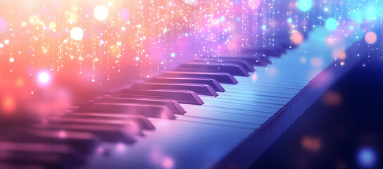 A blurred background of piano keys and bokeh lights, creating an atmosphere suitable for music-themed content