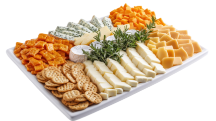 A beautifully arranged cheese platter featuring various cheeses, crackers, and garnishes, perfect for entertaining guests