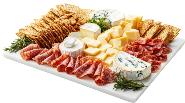 A beautifully arranged cheese and charcuterie platter featuring various cheeses, crackers, and meats, ideal for entertaining