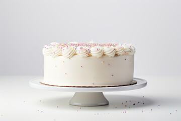 Simple vanilla white cake on a solid white background with empty space and some sprinkles