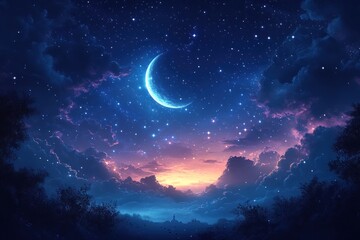 Starry night sky, crescent moon