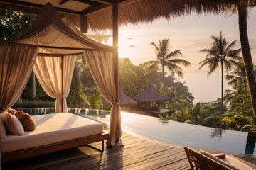 Fototapeta premium Serene view from a luxurious infinity pool overlooking the ocean with a tropical sunset