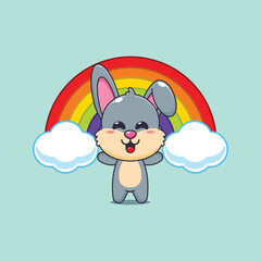 Cute rabbit cartoon vector illustration with rainbow