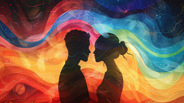 An artistic representation of two individuals embracing, with a background of colorful, swirling lines and symbols representing LGBTQ+ pride and equality