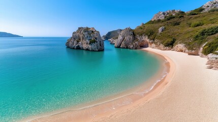 Beautiful Mediterranean beach with clear turquoise waters and soft white sand, perfect for relaxation and enjoyment