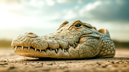 Fototapeta premium Crocodile shoe lounging on riverbank, fashion meets nature