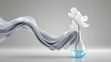 Elegant flowing fabric and white blossoms in a glass vase