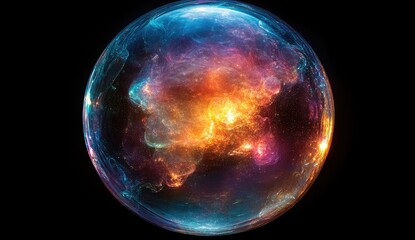 Obraz premium Colorful Nebula Sphere in Space with Gold Blue Hues on Black Background Showing Cosmic Galaxy Starlight