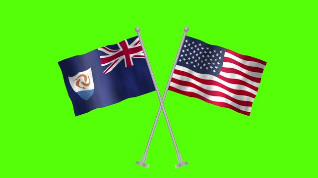 Flag of Anguilla and USA, Cross table flag of Anguilla and USA on Green screen chroma key, Anguilla and USA 3D Animation flag waving in the wind isolated on Green Background. 
