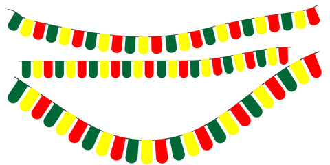 Obraz premium Carnival garland with flags and star. Colorful perspective party flags isolated on white background. Birthday, Christmas, anniversary, and festival fair concept. Vector illustration. eps10