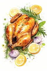 Roasted whole chicken with herbs and lemon on a serving plate watercolor style illustration
