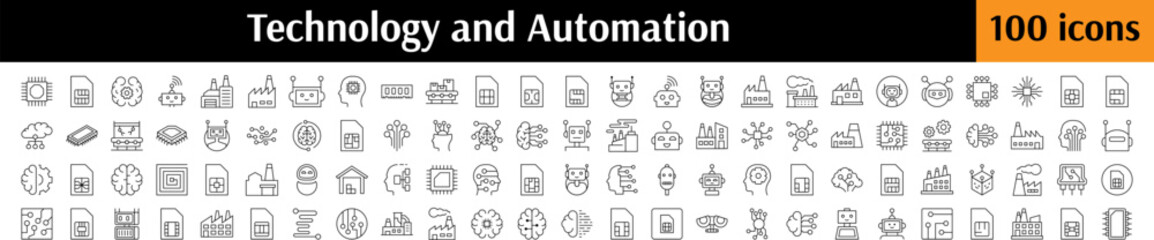 Collection of Technology Related Line Icons. Chip, Robot, Factory, Artificial Intelligence Outline Signs for Graphic and Web Design, Apps, Adverts, Various Cards