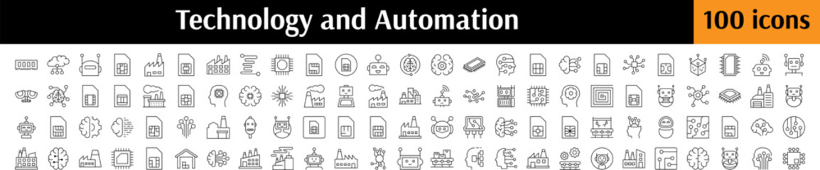 Technology Line Icon Collection. Chip, Robot, Factory, Artificial Intelligence Outline Signs for Graphic and Web Design, Apps, Adverts, Various Cards