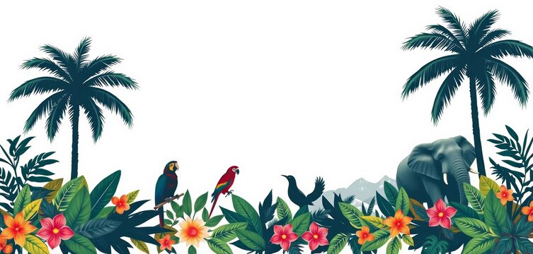 Tropical vintage floral border with palm trees, parrot, monkey, elephant silhouettes on white , jungle, exotic