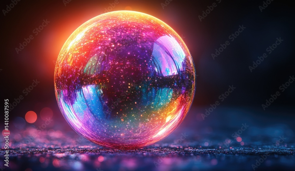 Poster digitally rendered multicolored glowing sphere with intricate particle design on dark background