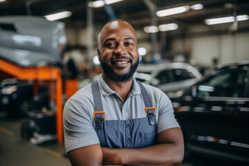 Obraz premium Middle Aged Caucasian car mechanic in a car mechanic shop smiling portrait