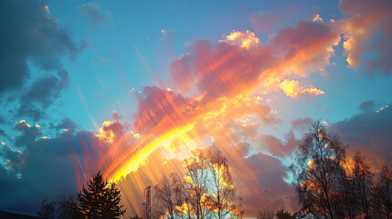 Obraz premium Atmospheric optics in Estonia's sky, with iridescent clouds reflecting vibrant colours in the evening sunlight