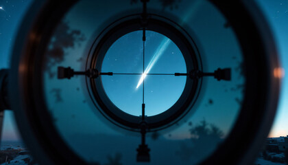 Comet in night sky seen through telescope eyepiece