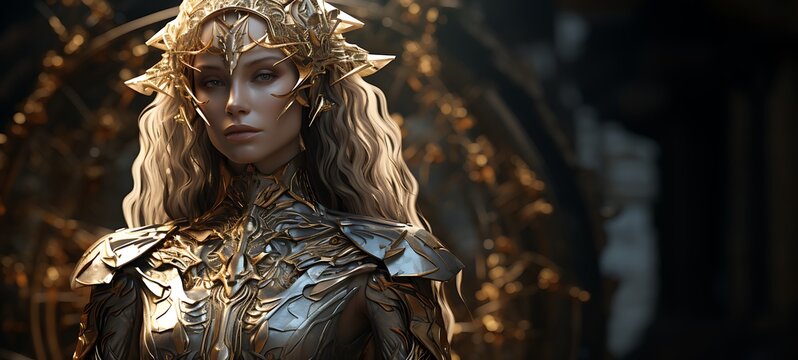 A grinned High Elf Dryad with an armoured shield Diamond ai, generative