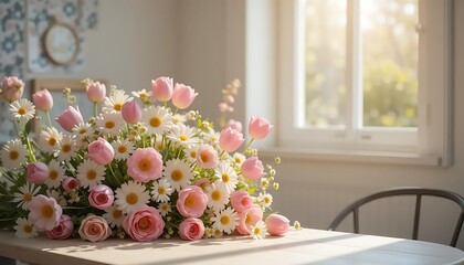 Sunlit Daisies & Roses: Floral Still Life on Table, Bright Interior.