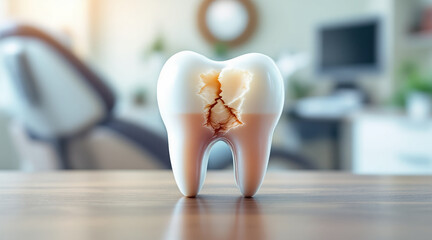 cracked tooth displayed prominently dental office setting, symbolizing dental issues and need for care. image evokes concern and highlights