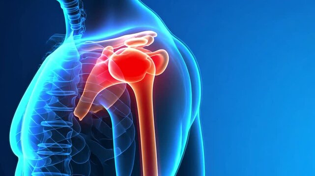 Shoulder Anatomy: Detailed view of a human shoulder joint, showcasing its intricate structure with a vibrant, health-related artistic flair. 