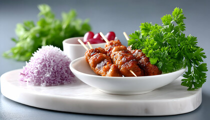 Grilled meat skewers with red bean sauce, purple rice, and herbs