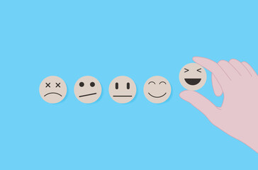 Customer review satisfaction feedback survey concept background vector art. Hand picked happy smiley face icon on block with a blue background