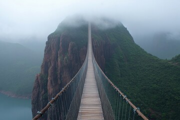 Obraz premium Misty Mountain Bridge: A Journey Across the Clouds