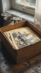 Fototapeta premium Close-up of Cardboard Box Containing Stack of Old Photos