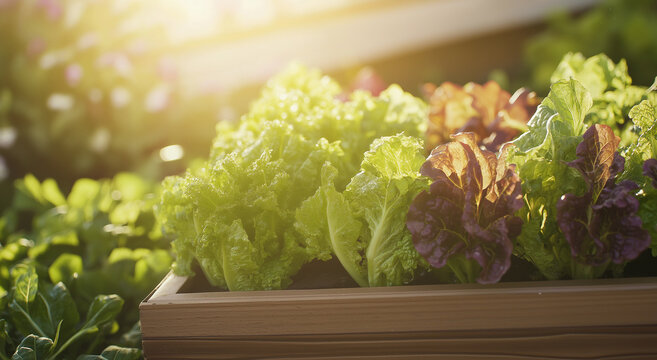 Conceito de varejo de alimentos org&acirc;nicos: variedades de alface frescas e vibrantes crescem em um vaso de madeira