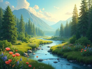 serene landscape celebrating International Mother Earth Day, featuring lush green forests, a flowing river, and vibrant wildflowers under a clear blue sky