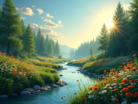 serene landscape celebrating International Mother Earth Day, featuring lush green forests, a flowing river, and vibrant wildflowers under a clear blue sky
