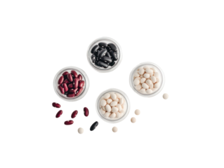 Assorted beans in white bowls arranged artistically on a clean surface, showcasing variety and freshness in a kitchen setting