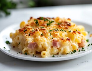 Macaroni and cheese casserole with ham on a white plate close-up.