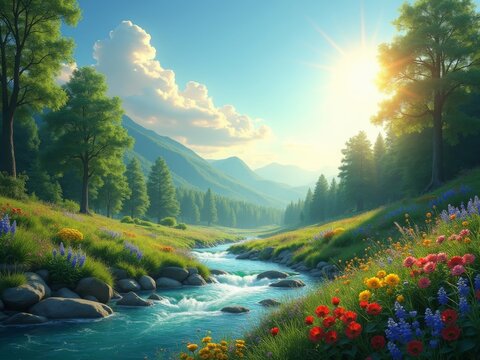 serene landscape celebrating International Mother Earth Day, featuring lush green forests, a flowing river, and vibrant wildflowers under a clear blue sky