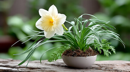 Pale yellow daffodil in a small gray pot with greenery, on rustic wood
